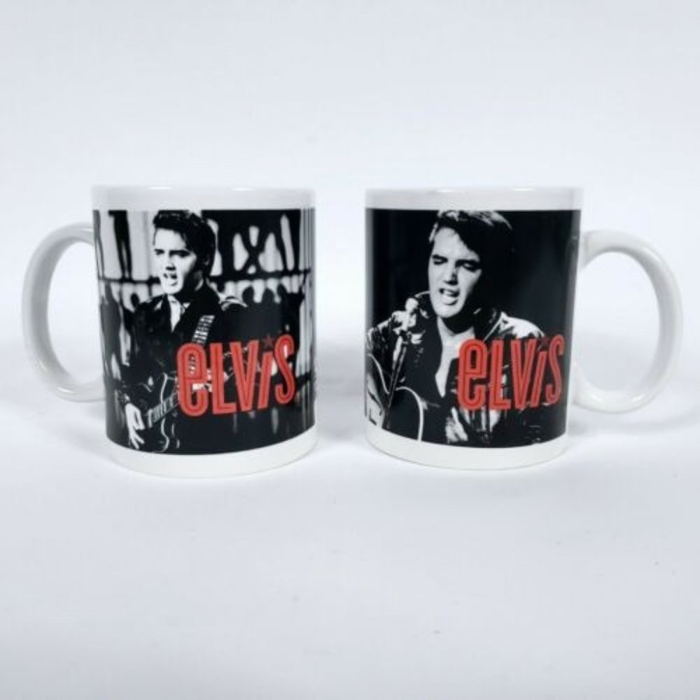 2 Matching Black & White Elvis Playing Guitar Mugs
